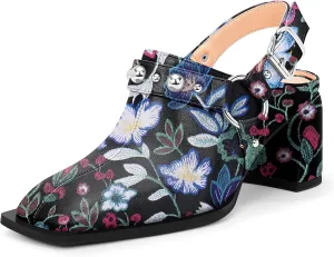 100FIXEO Women's Block Heel Slingback Pumps Studded Strap Buckle Square Toe Comfortable Shoes