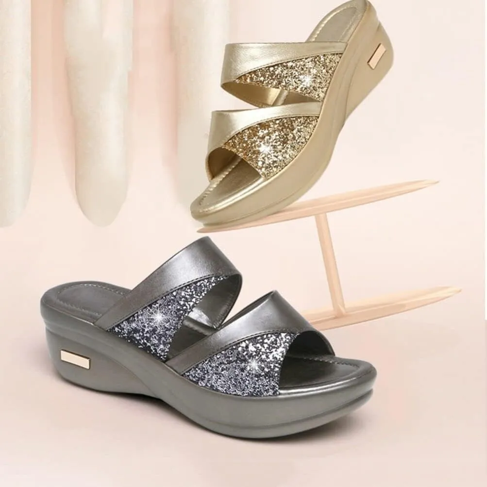 1pair Stylish Women Wedge Slippers Summer Casual Fish Mouth Sandals with Thick Sole Chic Design for Beach Outdoor Wear Golden