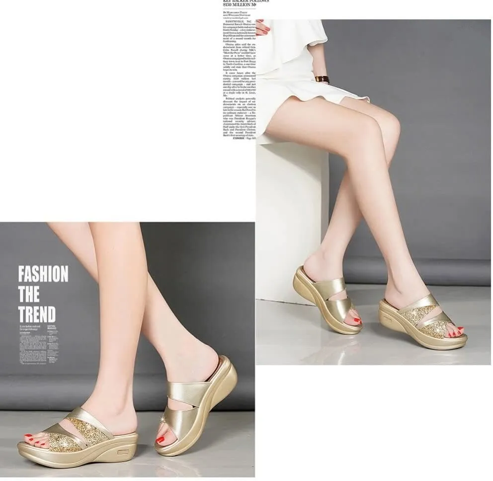 1pair Stylish Women Wedge Slippers Summer Casual Fish Mouth Sandals with Thick Sole Chic Design for Beach Outdoor Wear Golden