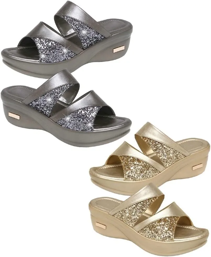 1pair Stylish Women Wedge Slippers Summer Casual Fish Mouth Sandals with Thick Sole Chic Design for Beach Outdoor Wear Golden