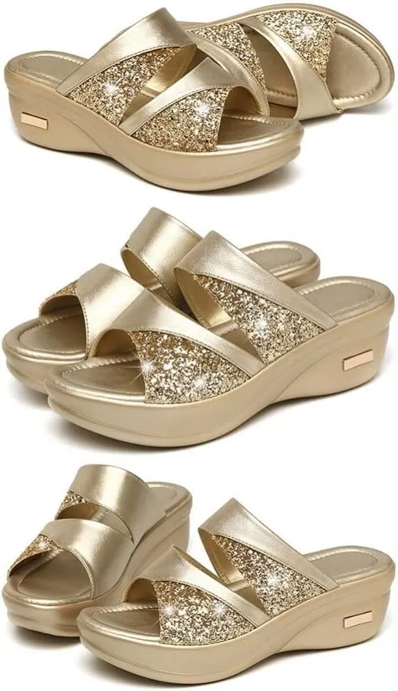 1pair Stylish Women Wedge Slippers Summer Casual Fish Mouth Sandals with Thick Sole Chic Design for Beach Outdoor Wear Golden