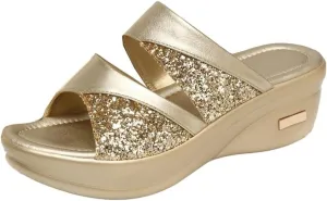 1pair Stylish Women Wedge Slippers Summer Casual Fish Mouth Sandals with Thick Sole Chic Design for Beach Outdoor Wear Golden