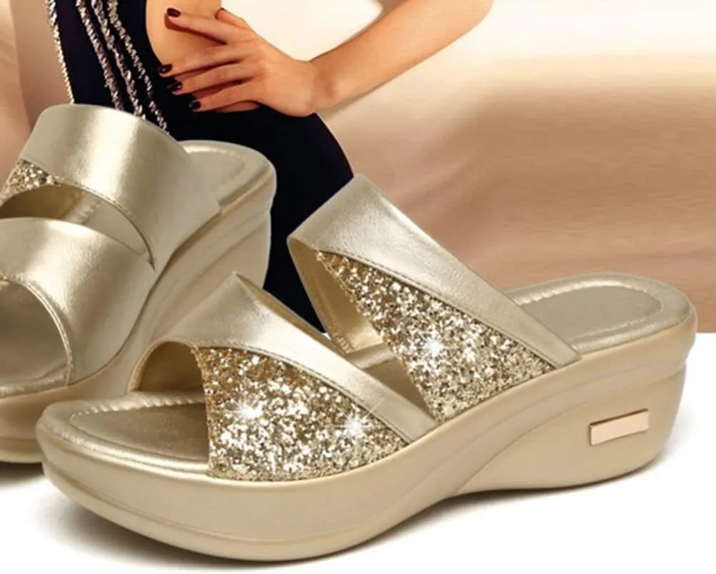 1pair Stylish Women Wedge Slippers Summer Casual Fish Mouth Sandals with Thick Sole Chic Design for Beach Outdoor Wear Golden