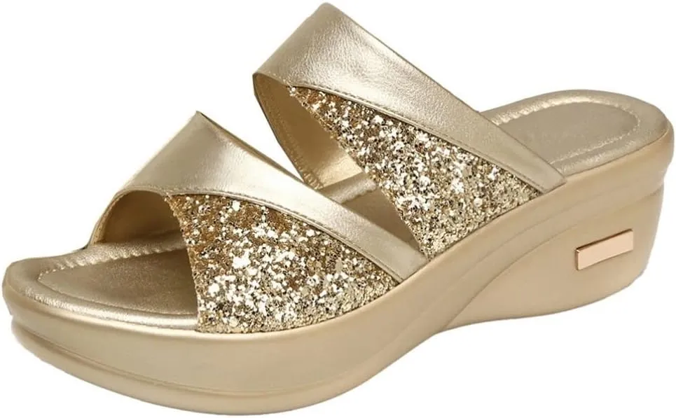 1pair Stylish Women Wedge Slippers Summer Casual Fish Mouth Sandals with Thick Sole Chic Design for Beach Outdoor Wear Golden