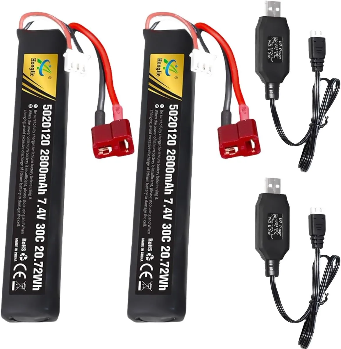 2 Pack 7.4V 2800mAh 5020120 30C for Soft Gun Toy,Electric Soft Gun,Water Gun Toys,Airplane Toys,FPV UAV Remote,RC Cars,RC Boat,RC Truck Rechargeable Li-ion Battery T Connector with USB