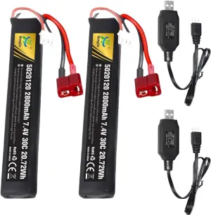 2 Pack 7.4V 2800mAh 5020120 30C for Soft Gun Toy,Electric Soft Gun,Water Gun Toys,Airplane Toys,FPV UAV Remote,RC Cars,RC Boat,RC Truck Rechargeable Li-ion Battery T Connector with USB