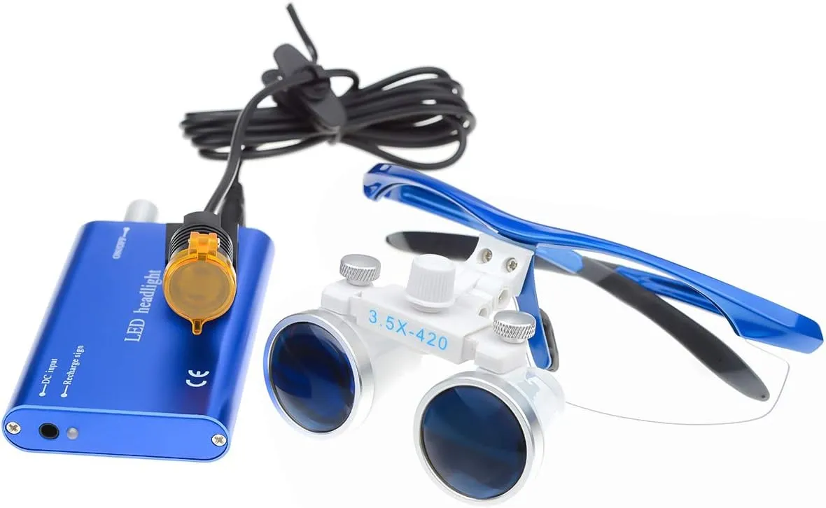 3.5X Binocular Loupe Magnifier with 3W Metal Fliter HeadLamp Cloth Case (Blue)