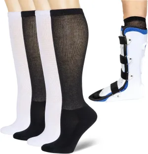 4 Packs High-Top Orthopedics Tube Socks for Fracture Boot Cast Replacement Socks Liner for Air Cam Walkers Boots Surgical Leg Cover, White & Black, 13-15