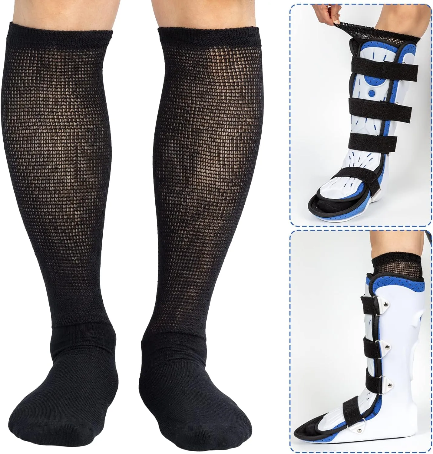 4 Packs High-Top Orthopedics Tube Socks for Fracture Boot Cast Replacement Socks Liner for Air Cam Walkers Boots Surgical Leg Cover, White & Black, 13-15