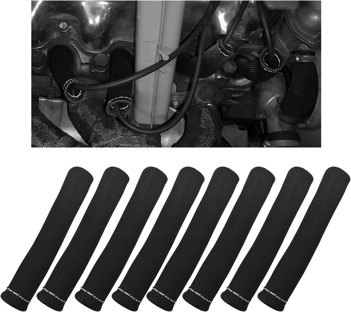 8 PCS Spark Plug Wire Boots, 6 Inch 1200° Automotive Heat Shield Thermal Protection Insulator Sleeve Cover, Fireproof Spark Plugs Protect Boot Replacement, Car Accessories (Black)