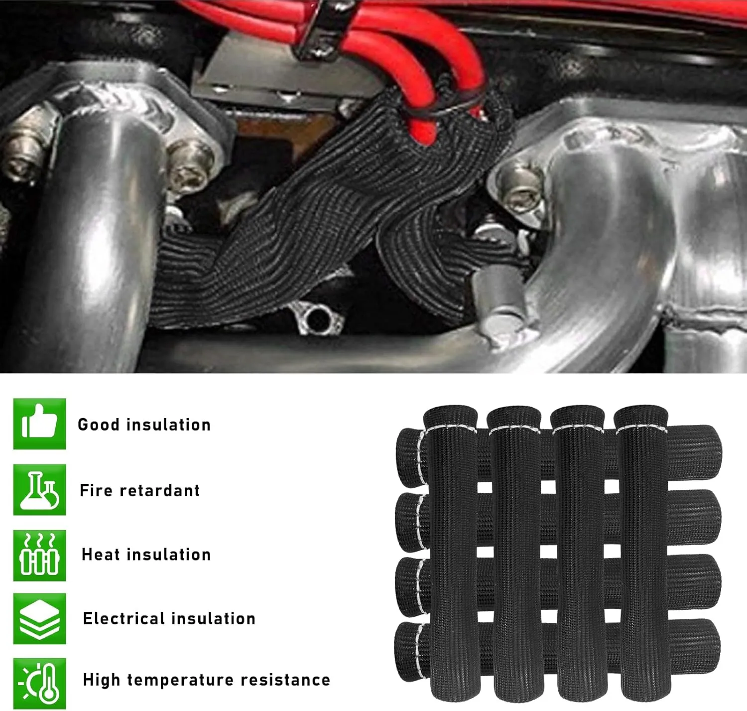 8 PCS Spark Plug Wire Boots, 6 Inch 1200° Automotive Heat Shield Thermal Protection Insulator Sleeve Cover, Fireproof Spark Plugs Protect Boot Replacement, Car Accessories (Black)