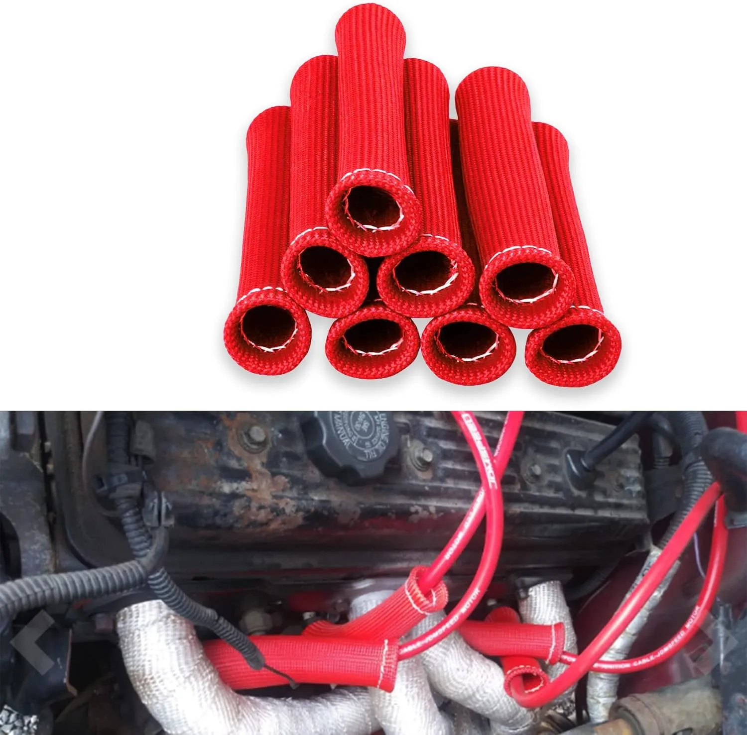 8Pcs Spark Plug Wire Boots Heat Shield Protector Sleeve, 1200 Degree Spark Plug Heat Cover, Sleeve Heat Shield Cover, Insulator Sleeve Spark Plug Wire Boots 6 inch for Car Truck (Red)