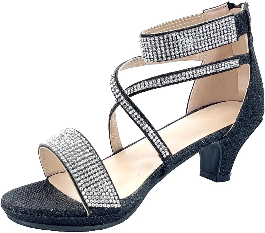 ABSOLEX Girl's Toddler/Little Kid/Big Kid Cross Strappy Open Toe Rhinestone Dressy Low Heel Dress Up Pump Sandal