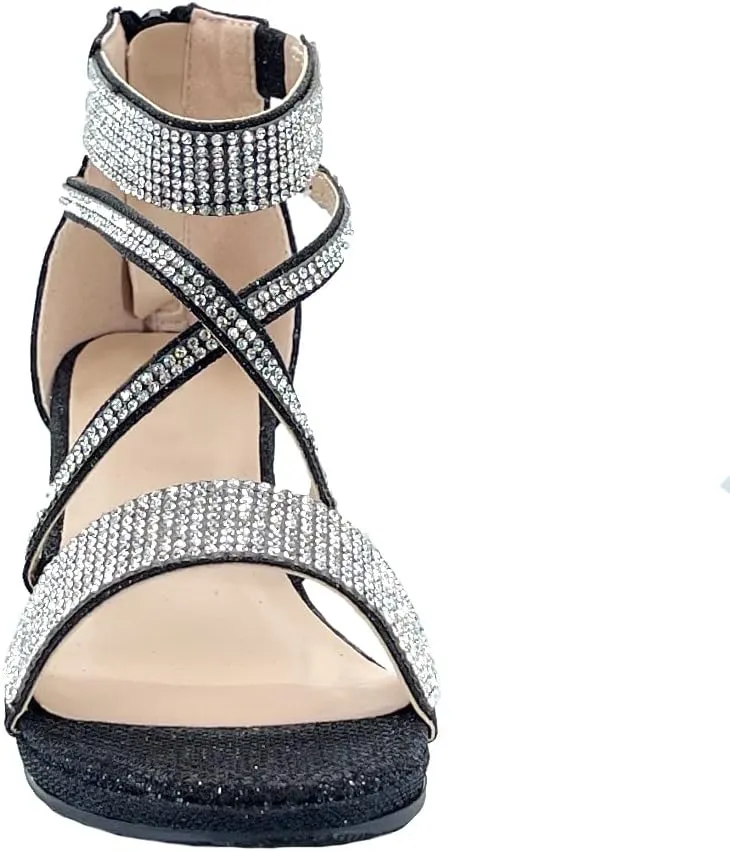 ABSOLEX Girl's Toddler/Little Kid/Big Kid Cross Strappy Open Toe Rhinestone Dressy Low Heel Dress Up Pump Sandal