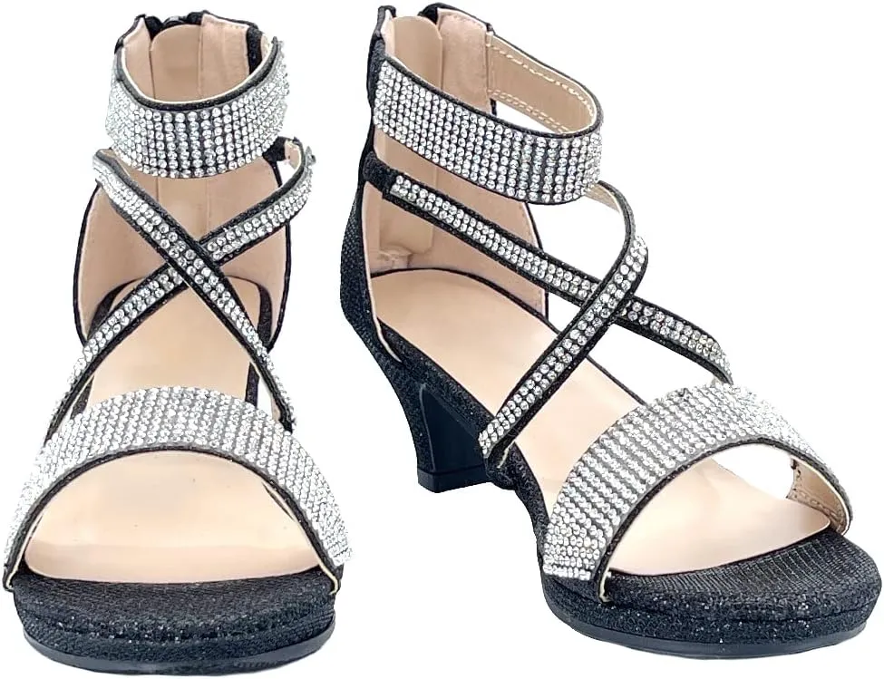 ABSOLEX Girl's Toddler/Little Kid/Big Kid Cross Strappy Open Toe Rhinestone Dressy Low Heel Dress Up Pump Sandal