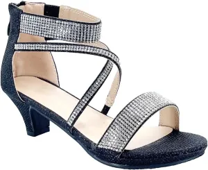ABSOLEX Girl's Toddler/Little Kid/Big Kid Cross Strappy Open Toe Rhinestone Dressy Low Heel Dress Up Pump Sandal