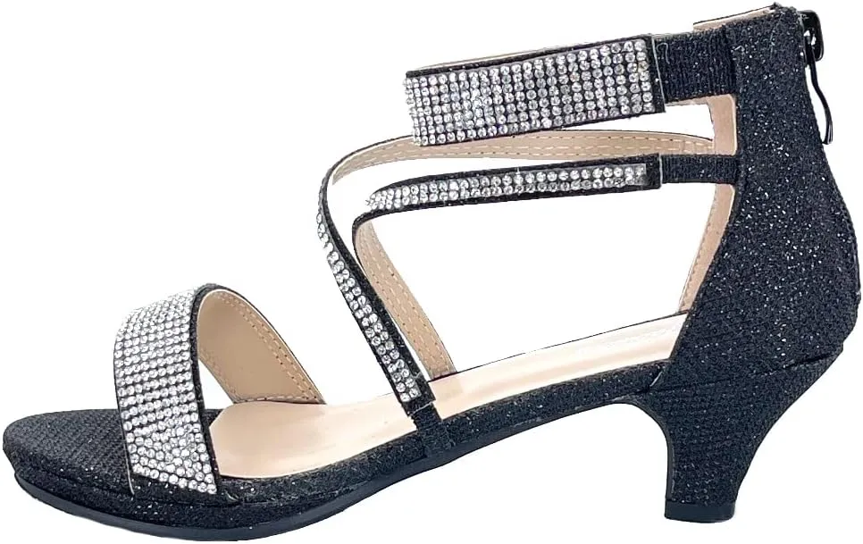 ABSOLEX Girl's Toddler/Little Kid/Big Kid Cross Strappy Open Toe Rhinestone Dressy Low Heel Dress Up Pump Sandal