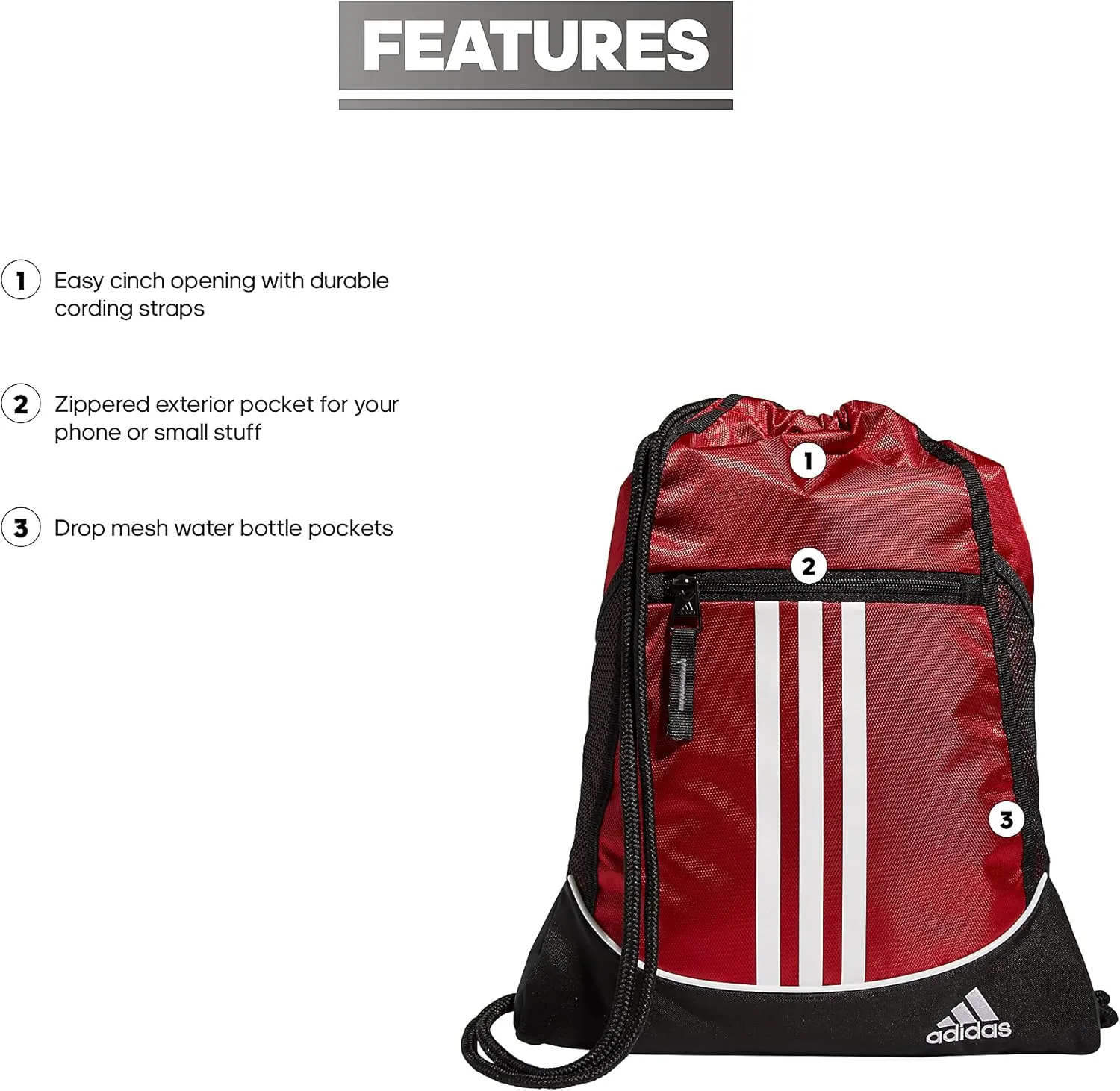 adidas Alliance Sackpack, Drawstring, Lightweight Small Gym Bag for Women, Soccer Backpack, Team Power Red, One Size