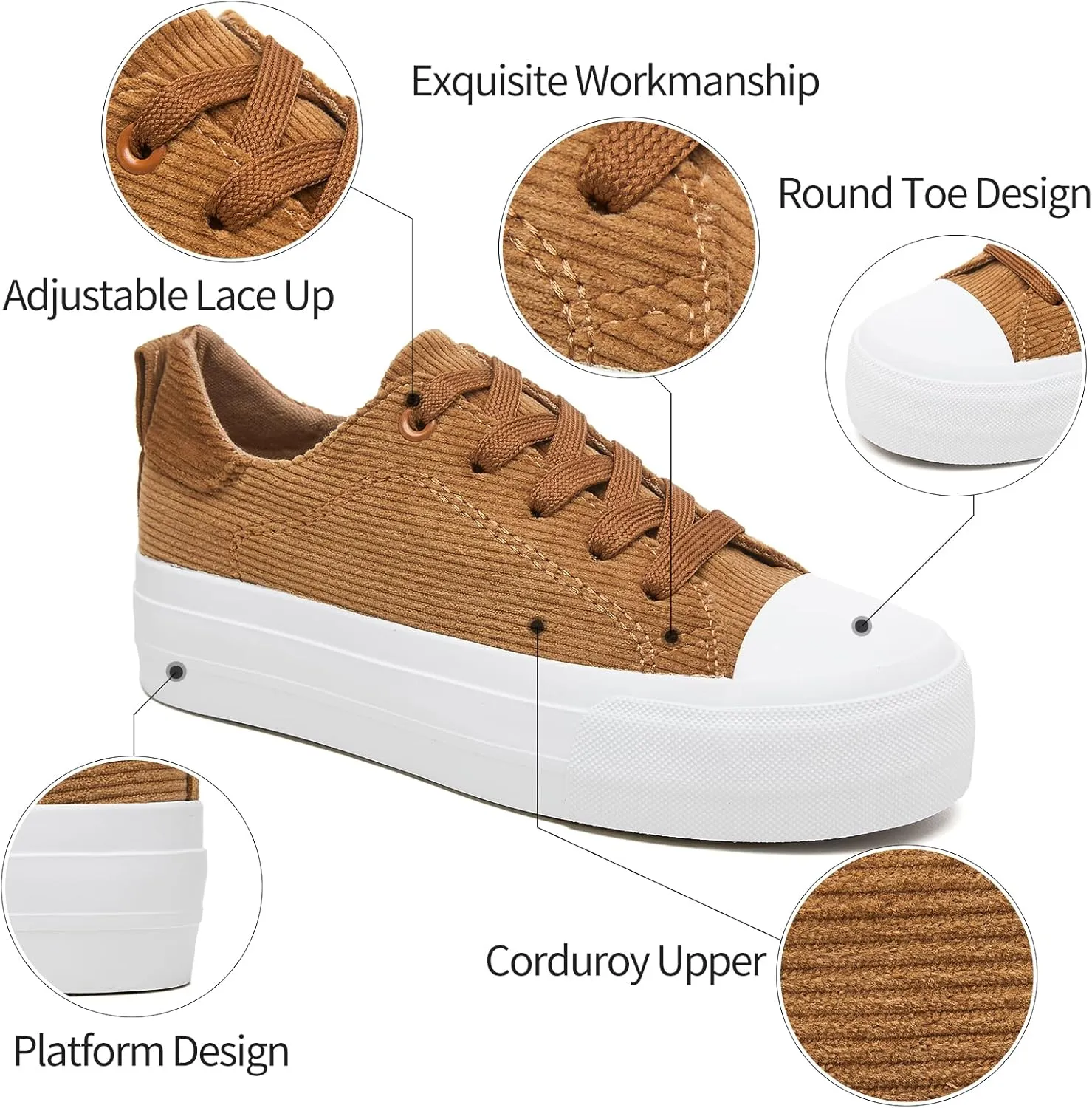 Adokoo Women's Platform Sneakers Corduroy White Sneakers Shoes for Women Black Low Top Lace Up Casual Fashion Walking Shoes
