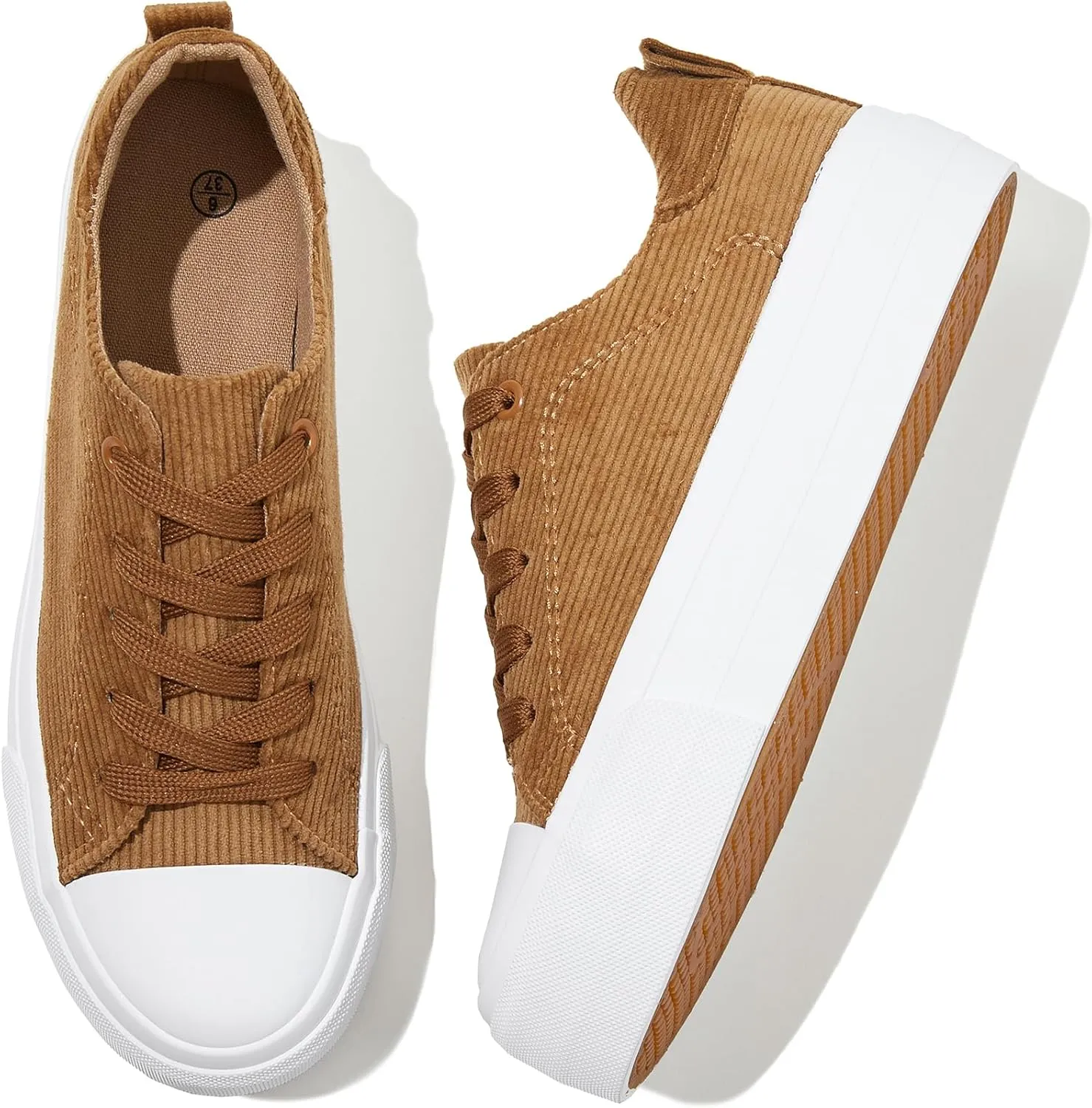 Adokoo Women's Platform Sneakers Corduroy White Sneakers Shoes for Women Black Low Top Lace Up Casual Fashion Walking Shoes