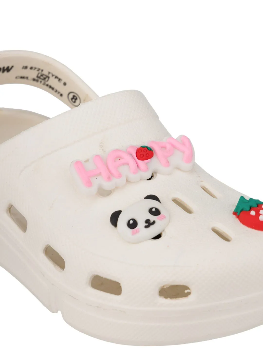Adorable Clogs with Panda Faces, Strawberries & HAPPY Charms for Girls- White