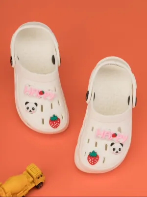 Adorable Clogs with Panda Faces, Strawberries & HAPPY Charms for Girls- White