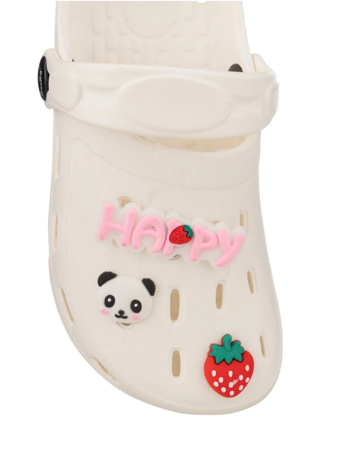 Adorable Clogs with Panda Faces, Strawberries & HAPPY Charms for Girls- White