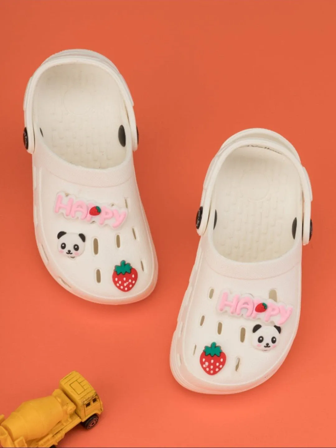 Adorable Clogs with Panda Faces, Strawberries & HAPPY Charms for Girls- White