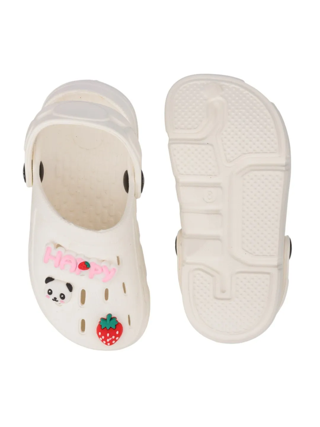 Adorable Clogs with Panda Faces, Strawberries & HAPPY Charms for Girls- White