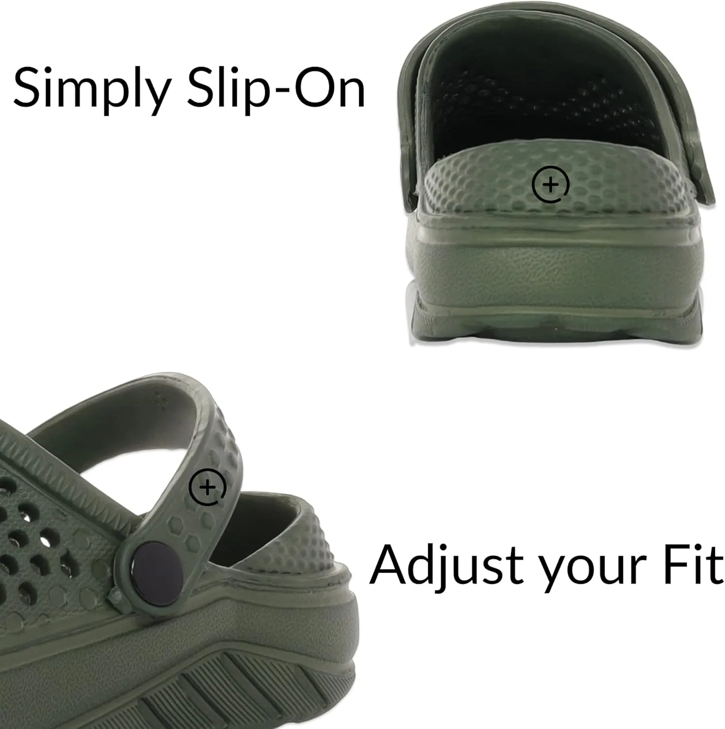 Adult Vented Clogs with Adjustable Heel Strap Slip-On Easy to Clean, Cushioned, Casual EVA Shoes for Everday or Water Shoes for Pool and Beach
