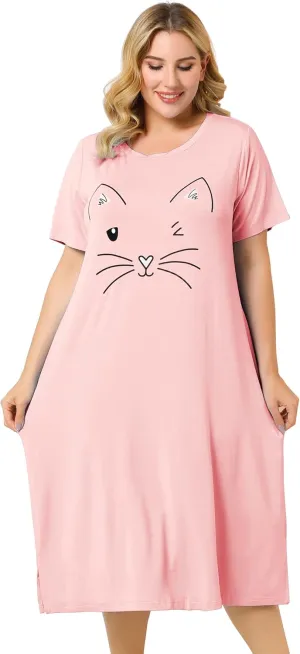 Agnes Orinda Women's Plus Size Nightgowns Pajama Soft Nightshirt Cute Cat Family Sleepdress with Pockets