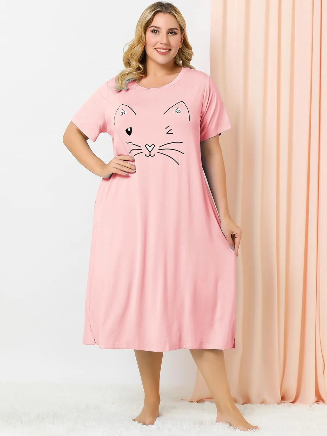 Agnes Orinda Women's Plus Size Nightgowns Pajama Soft Nightshirt Cute Cat Family Sleepdress with Pockets