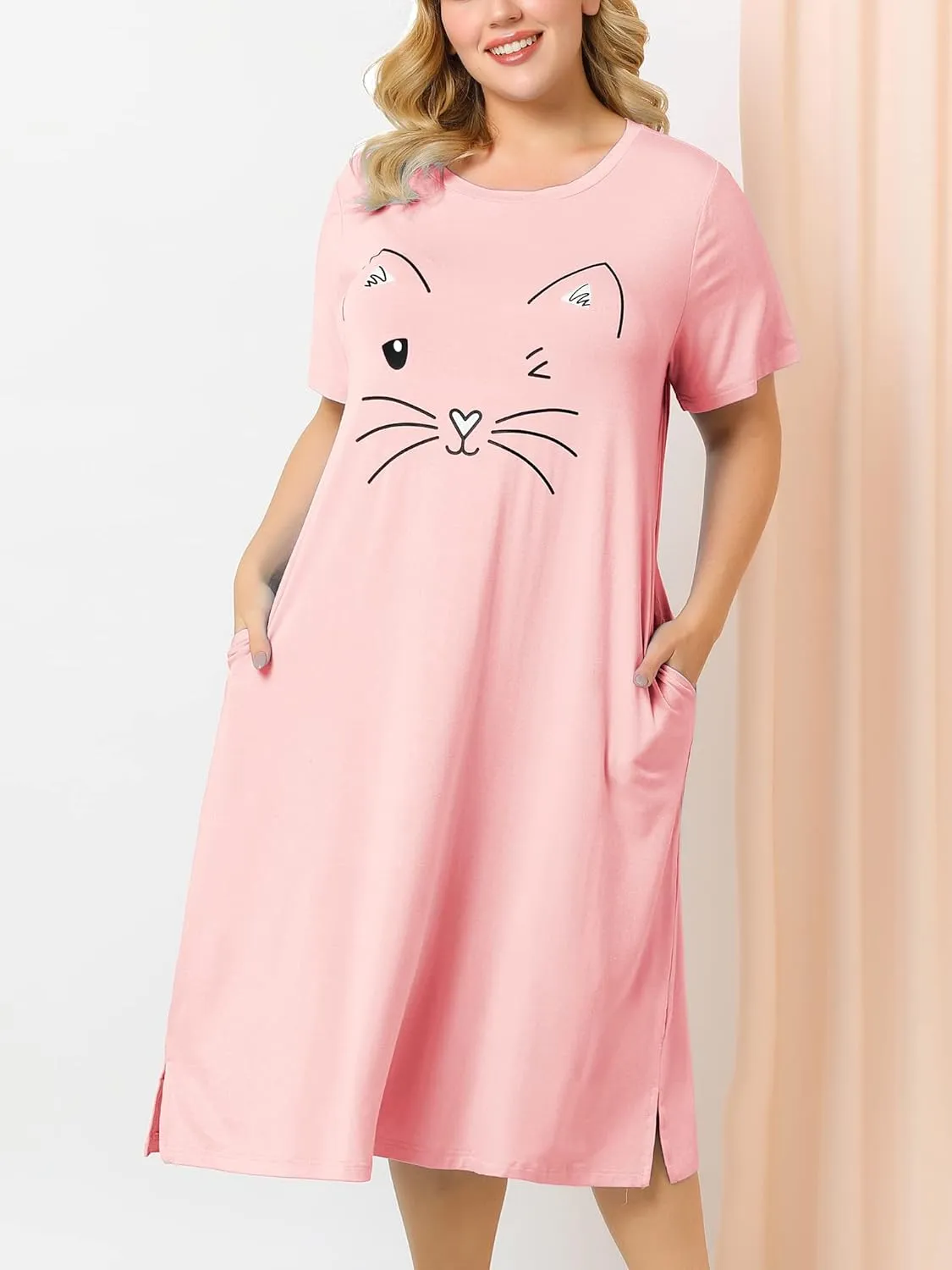 Agnes Orinda Women's Plus Size Nightgowns Pajama Soft Nightshirt Cute Cat Family Sleepdress with Pockets