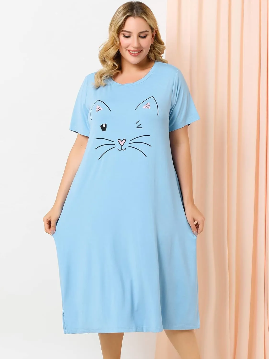 Agnes Orinda Women's Plus Size Nightgowns Pajama Soft Nightshirt Cute Cat Family Sleepdress with Pockets