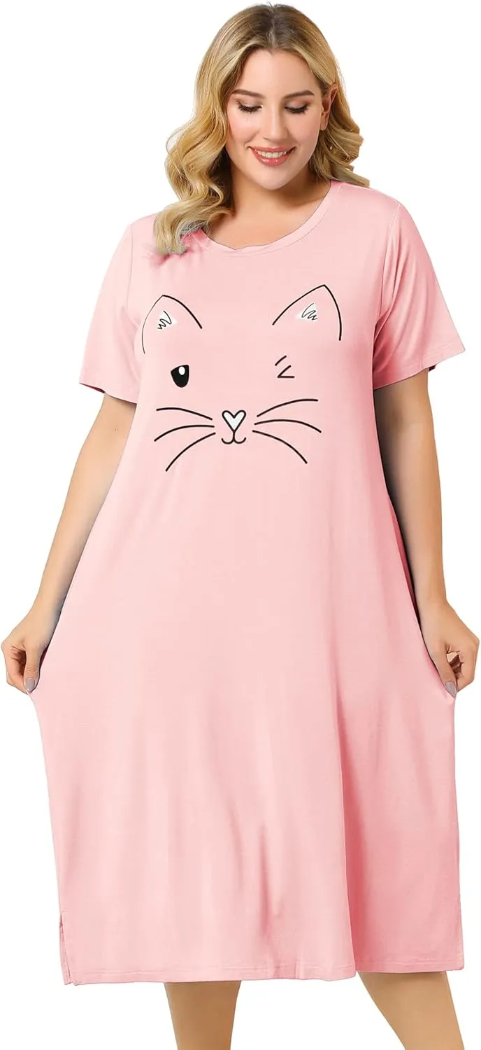 Agnes Orinda Women's Plus Size Nightgowns Pajama Soft Nightshirt Cute Cat Family Sleepdress with Pockets