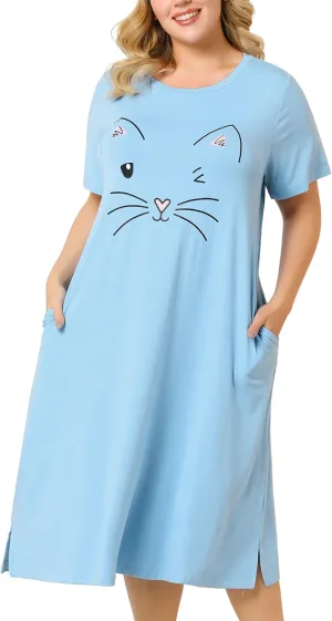 Agnes Orinda Women's Plus Size Nightgowns Pajama Soft Nightshirt Cute Cat Family Sleepdress with Pockets
