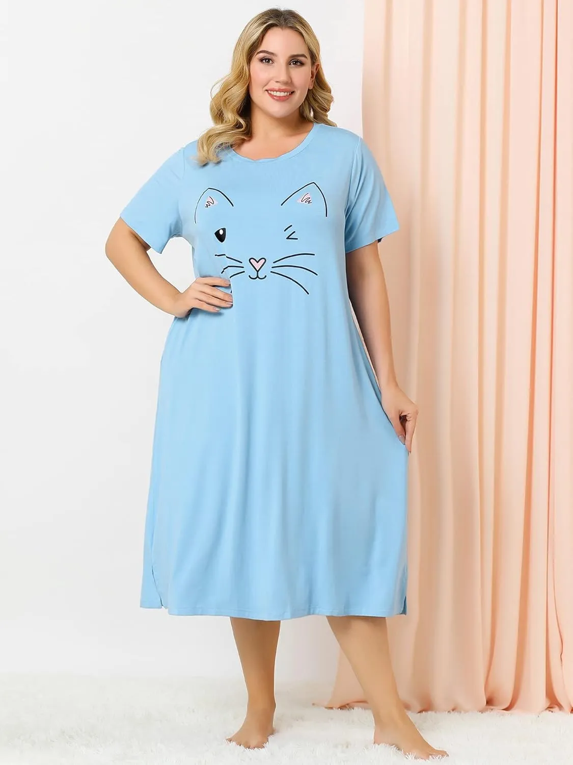 Agnes Orinda Women's Plus Size Nightgowns Pajama Soft Nightshirt Cute Cat Family Sleepdress with Pockets