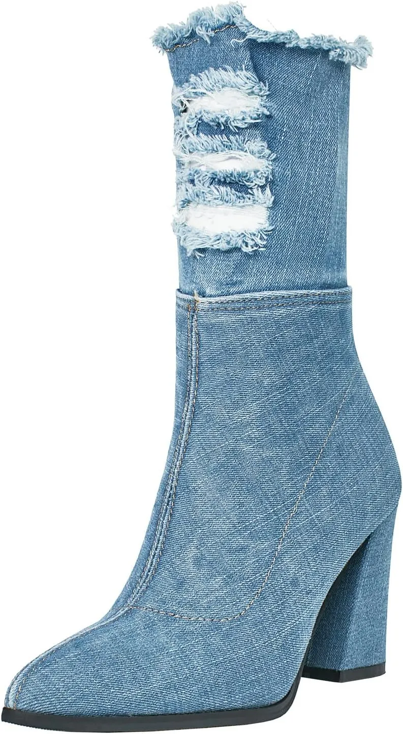 Agodor Women's Denim Ankle Boots Pointed Toe Chunky High Heel Booties with Zipper (US 9.5, short light blue)