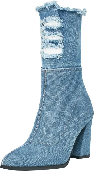 Agodor Women's Denim Ankle Boots Pointed Toe Chunky High Heel Booties with Zipper (US 9.5, short light blue)