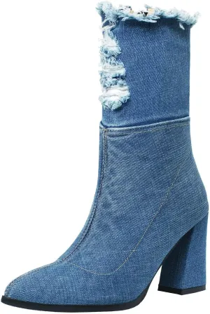 Agodor Women's Denim Thigh High Boots Cutout Over The Knee Blue Jean Boots