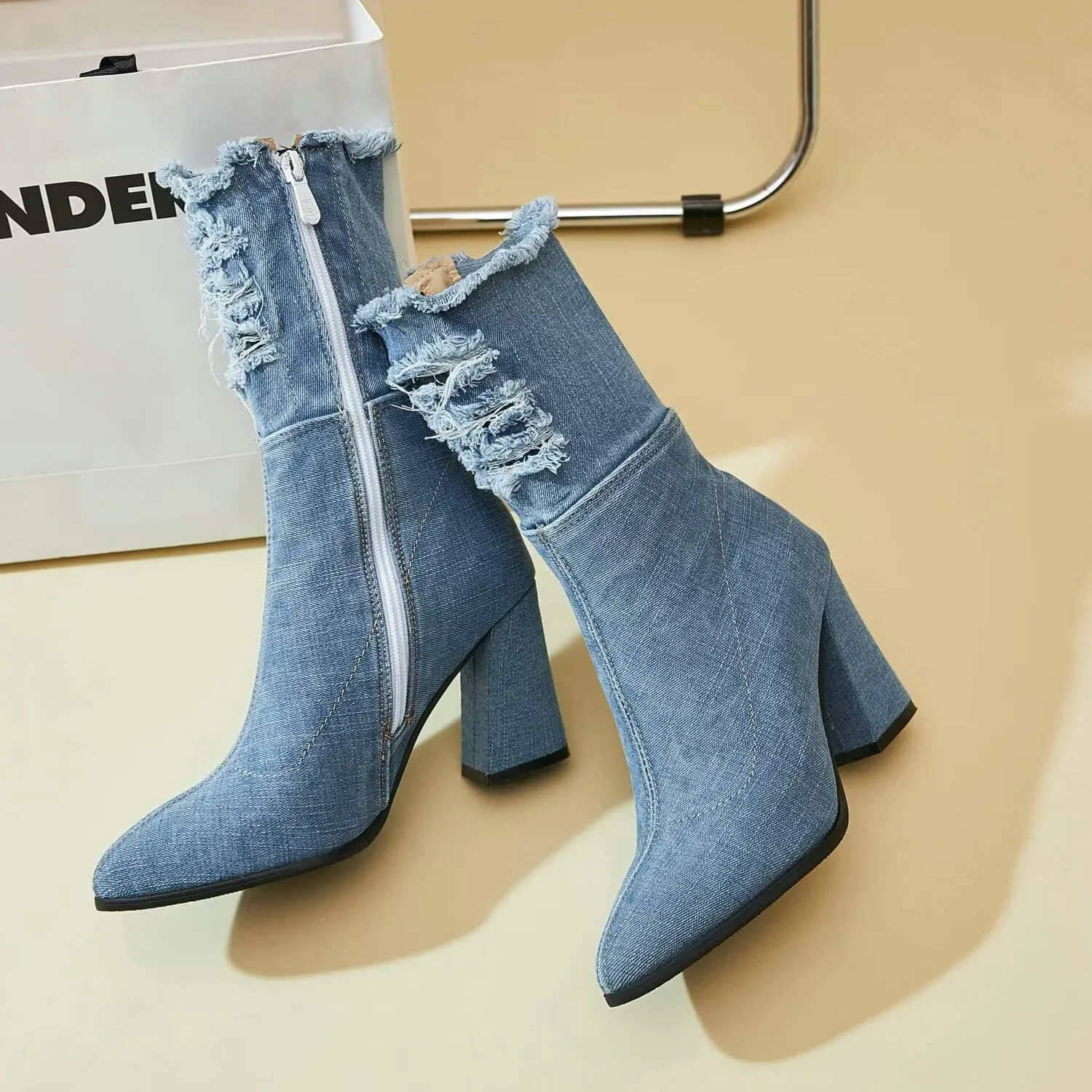 Agodor Women's Denim Thigh High Boots Cutout Over The Knee Blue Jean Boots