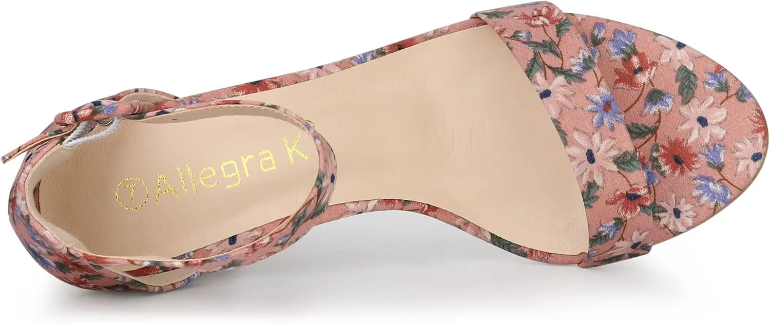 Allegra K Women's Floral Print Open Toe Block High Heels Summer Sandals