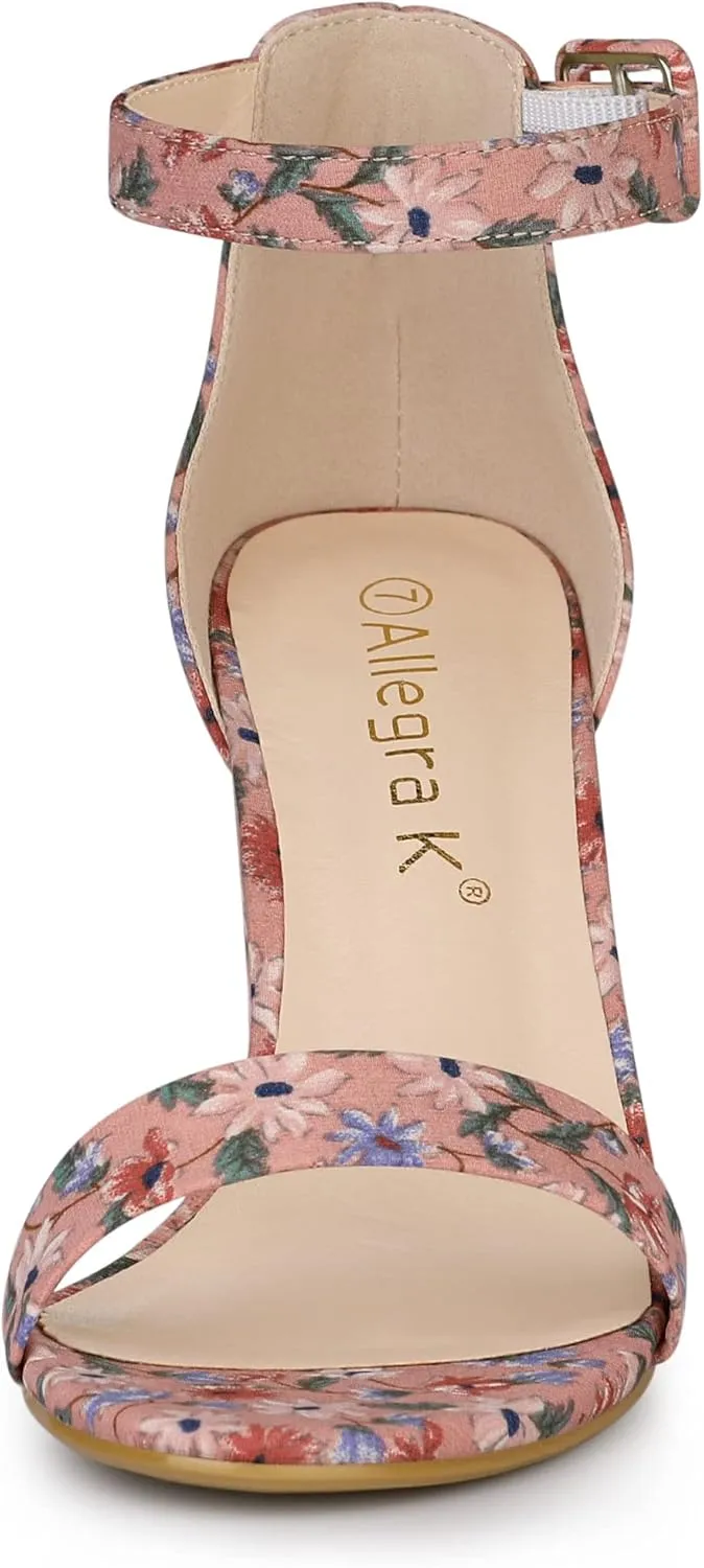 Allegra K Women's Floral Print Open Toe Block High Heels Summer Sandals