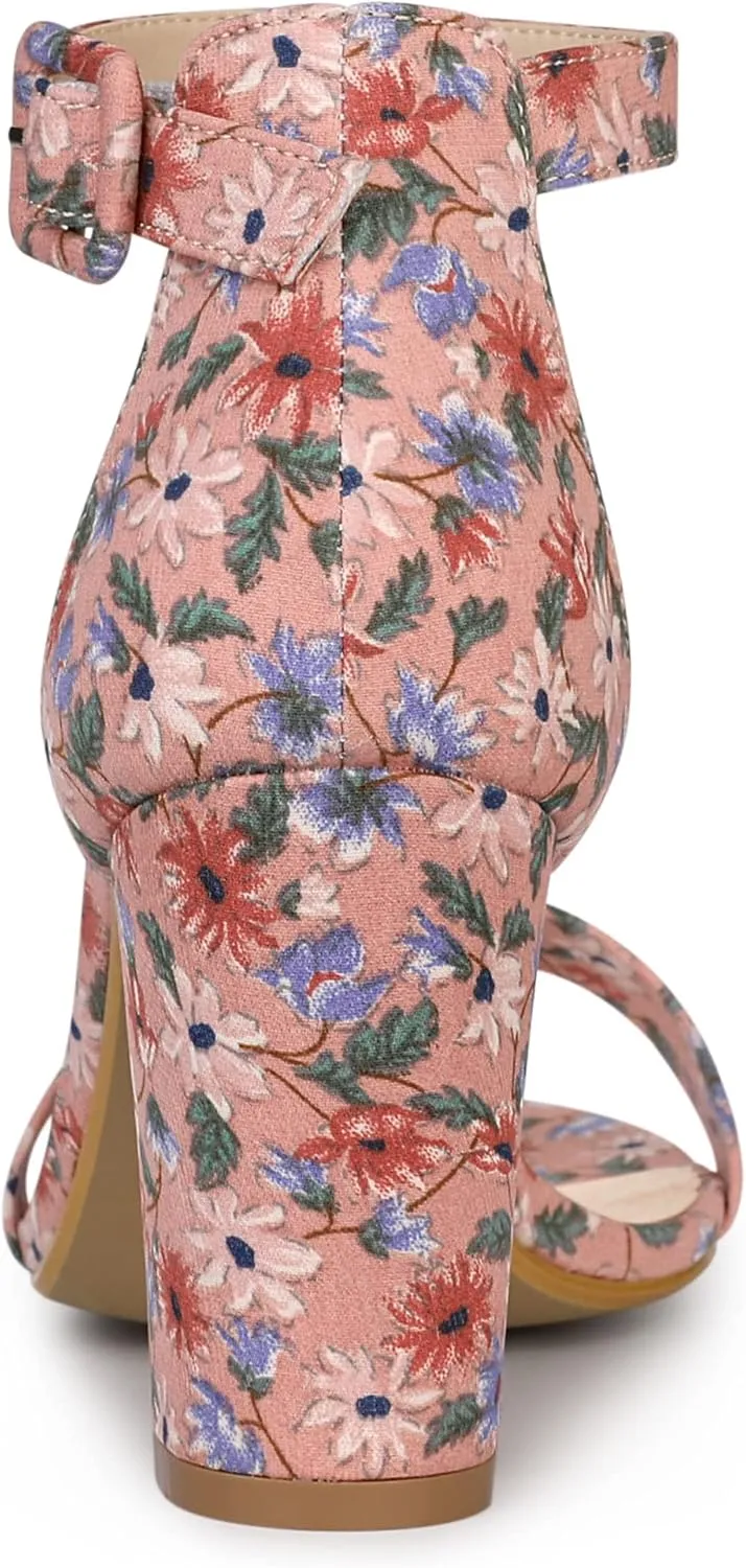 Allegra K Women's Floral Print Open Toe Block High Heels Summer Sandals