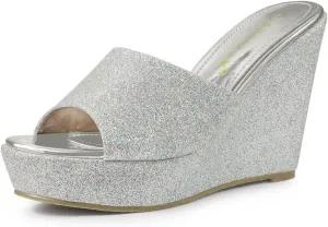 Allegra K Women's Glitter Platform Slip on Wedge Heels Sandals