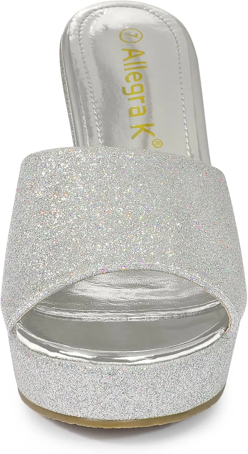 Allegra K Women's Glitter Platform Slip on Wedge Heels Sandals