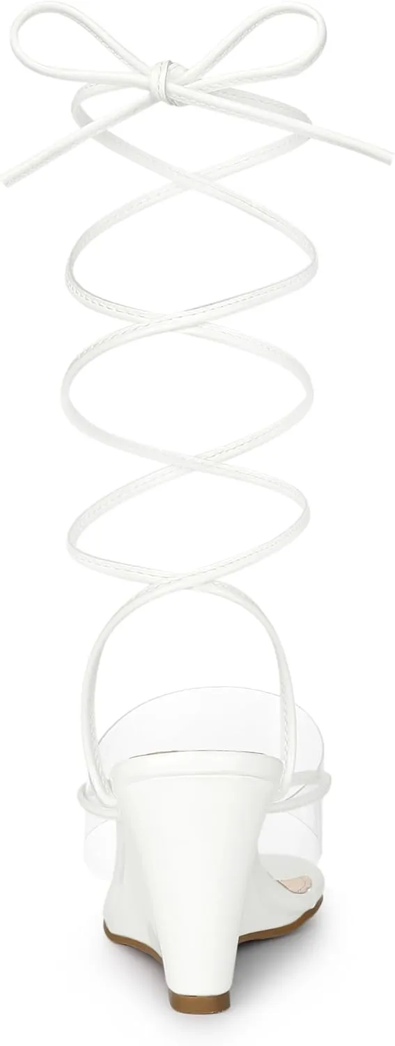 Allegra K Women's Lace Up Clear Strap Flip Flops Wedge Sandals