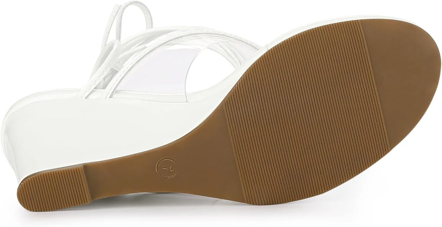 Allegra K Women's Lace Up Clear Strap Flip Flops Wedge Sandals