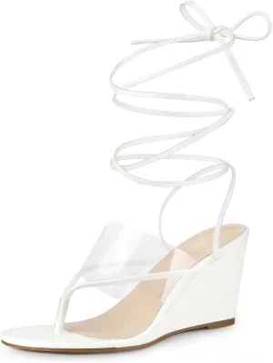 Allegra K Women's Lace Up Clear Strap Flip Flops Wedge Sandals