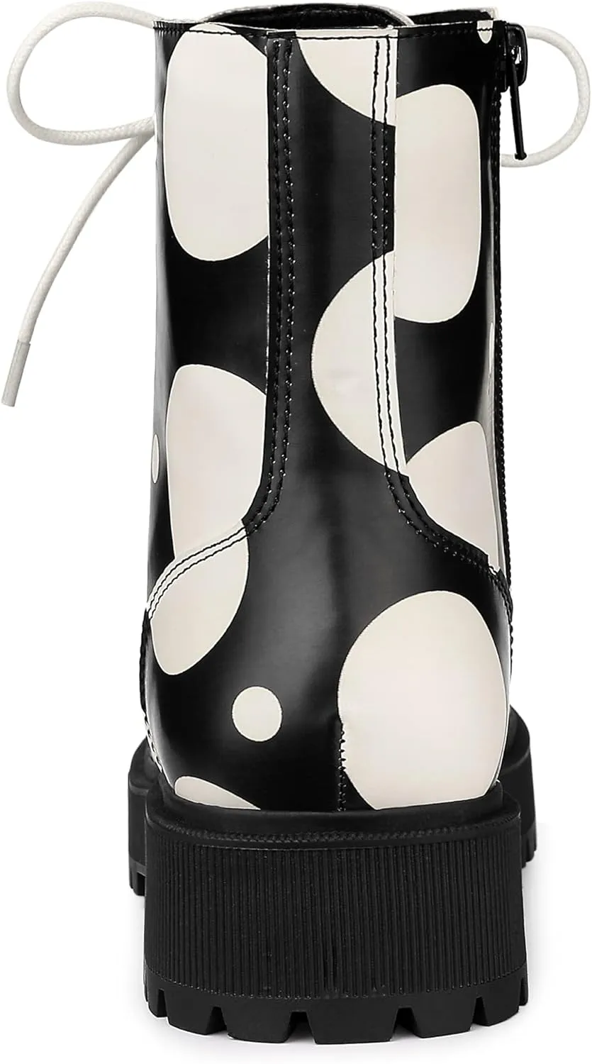 Allegra K Women's Polka Dots Platform Zipper Lace Up Combat Disco Boots